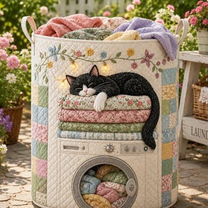 May include: A cylindrical fabric laundry hamper featuring a quilted patchwork design in pastel colors. The exterior displays an embroidered washing machine graphic with a black and white cat sleeping on a stack of folded floral quilts on top.