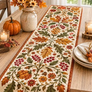Puede incluir: Un camino de mesa acolchado rectangular con un patrón repetitivo de hojas de otoño, calabazas naranjas, bayas rojas y flores amarillas sobre un fondo crema con un borde naranja oscuro, exhibido sobre una mesa de madera con decoración.