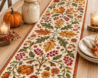 Puede incluir: Un camino de mesa acolchado rectangular con un patrón repetitivo de hojas de otoño, calabazas naranjas, bayas rojas y flores amarillas sobre un fondo crema con un borde naranja oscuro, exhibido sobre una mesa de madera con decoración.