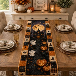 May include: A quilted Halloween table runner featuring a central scene of a haunted house under a full moon, surrounded by ghosts, jack-o'-lanterns, and a black cat. The border displays alternating orange and black squares with bat and witch hat motifs.