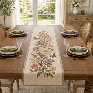 Puede incluir: Un camino de mesa acolchado rectangular con un patrón floral central de flores rosas, blancas y moradas y dos mariposas marrones. El camino tiene un fondo color crema con textura de diamantes y un borde de color verde salvia.