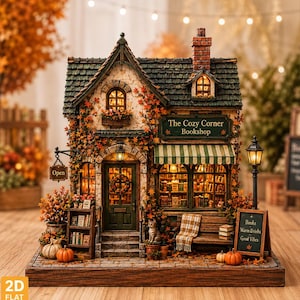 Könnte beinhalten: Ein Miniaturmodell der Buchhandlung The Cozy Corner mit einer dunkelgrünen Tür, einer gestreiften Markise und Herbstlaub. Das Gebäude verfügt über einen beleuchteten Innenraum, eine kleine Katzenfigur, eine Holzbank, Kürbisse und ein Schild mit der Aufschrift Books, Warm Drinks, Good Vibes.