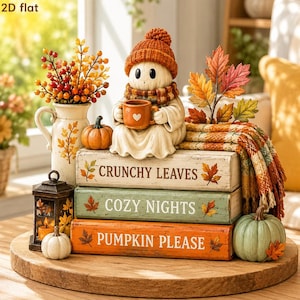 Ghost Coffee Fall Wooden Block, Book Stack Pumpkin BookShelf Decor, Book Stack, Reading Nook Gift For Book Lovers