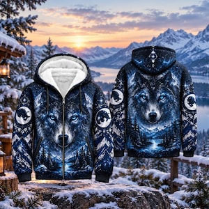 Pode incluir: Um casaco com capuz e fecho de correr, com uma estampa gráfica azul-escura e preta de um rosto de lobo, montanhas nevadas e uma paisagem florestal. A peça inclui um capuz forrado a sherpa branco, mangas compridas e um fecho frontal.