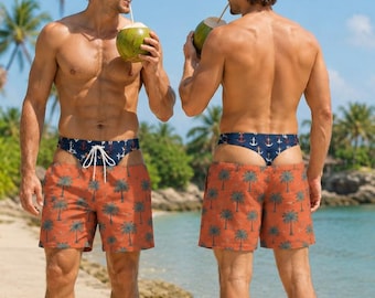 Funny Men's Swim Trunks, Custom Beach Shorts, Surfboard Print Swimwear, Tropical Summer Gift for Him, Novelty Summer Gag Gift