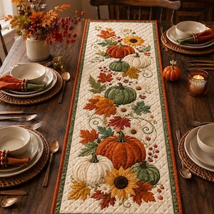 May include: A rectangular quilted table runner featuring an embroidered autumn motif with orange, white, and green pumpkins, sunflowers, and fall leaves on a cream background, bordered by a thin green and orange fabric trim.