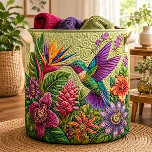 Op de afbeelding: Een cilindrische opbergmand van gewatteerde stof met een levendige print van een kolibrie, paradijsvogelbloem en diverse tropische bloemen op een lichtgroene achtergrond. De mand heeft twee witte handvatten aan de zijkant en bevat opgerolde handdoeken.
