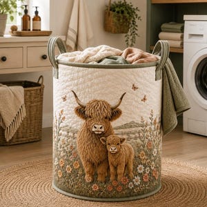 May include: A cylindrical quilted laundry hamper featuring a cream-colored fabric with a printed scene of a brown Highland cow and calf standing in a field of wildflowers and butterflies. The hamper has two green fabric handles and a green trim.