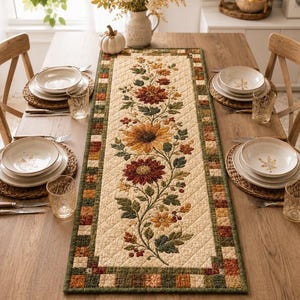 Può includere: Un runner da tavola trapuntato rettangolare con un motivo floreale centrale di girasoli e fiori dai colori autunnali nelle tonalità dell'arancione, rosso e giallo. Il bordo presenta un motivo patchwork a quadrati verdi, marroni e beige.