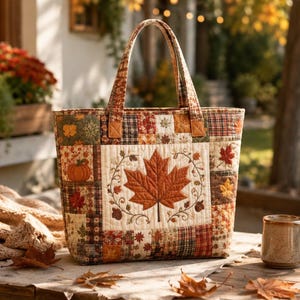 May include: A quilted tote bag featuring a patchwork design with autumn-themed patterns including pumpkins and leaves. The center panel displays a large embroidered maple leaf surrounded by vines and acorns in shades of orange, brown, and cream.