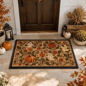 Peut inclure: Un paillasson rectangulaire à bordure noire avec un fond beige orné d'un motif répétitif de citrouilles orange, de fantômes blancs et de feuilles d'automne vertes et orange. Le motif recouvre toute la surface du tapis.