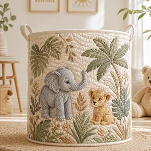 May include: A cylindrical storage basket made of quilted off-white fabric featuring an embroidered jungle scene. The design includes a gray elephant and a tan lion cub surrounded by stitched green palm leaves, various plants, and small flowers.