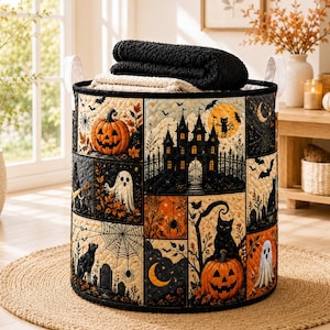 May include: A cylindrical fabric storage basket featuring a quilted Halloween-themed pattern with pumpkins, a haunted house, ghosts, black cats, spiders, and spiderwebs in orange, black, and cream colors, with two white side handles and folded blankets.
