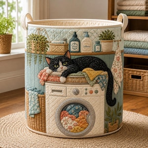 Op de afbeelding: Een cilindrische stoffen wasmand met een doorgestikt ontwerp, voorzien van een zwart-witte kat die op een wasmachine ligt. De afbeelding bevat wasmiddelen, hangplanten en opgevouwen handdoeken in zachte pasteltinten met gedetailleerd stikwerk.