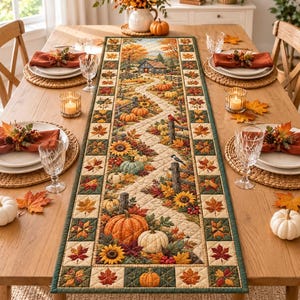 May include: A rectangular quilted table runner featuring a printed autumn scene with a winding path, pumpkins, sunflowers, and a house. The border consists of alternating squares with leaf patterns and solid dark green fabric, creating a seasonal display.