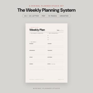 Op de afbeelding: Een digitale weekplannerpagina getiteld The Weekly Planning System, met secties voor wekelijkse intenties, top 3 prioriteiten en dagelijkse notities van maandag tot zondag. Het ontwerp bevat zwarte tekst op een crèmekleurige achtergrond, inclusief A4 en US Letter.