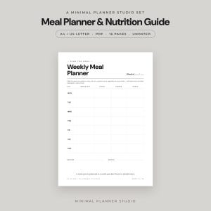 May include: A digital meal planner and nutrition guide set featuring a weekly meal planner template. The document includes text headers such as A Minimal Planner Studio Set, Meal Planner & Nutrition Guide, A4 + US Letter, PDF, 16 Pages, Undated, and a grid for daily meal tracking from Monday to Sunday.