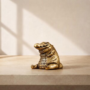 May include: A small, metallic gold-toned figurine of a seated crocodile. The sculpture features a textured, scaly surface with a detailed head, visible snout, and small limbs. The crocodile is depicted in a relaxed, upright sitting position.