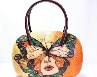 Handwoven Hand-Painted Butterfly Portrait Handbag | ANYO | Filipino Artisan Buri & Sabutan Purse | Wearable Art