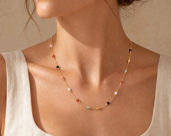 Tiny Gemstone Necklace and Bracelet,Colorful Natural Stone Beaded Jewelry,Delicate Gold-Tone Chain Set,Layering Necklace,Summer Necklace