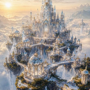 Arte de Pared Imprimible Crystal Sky Empire, Castillo Fantástico, Reino Flotante, Descarga Digital, Decoración Celestial
