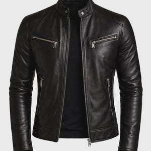 Chaqueta de hombre negra de cuero genuino estilo Cafe Racer – Abrigo de motociclista de corte ajustado