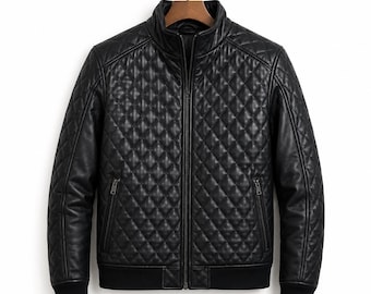 Unisex Black Genuine Leather Quilted Jacket, Men's & Women's Handmade Bomber Jacket, Motorcycle Biker Leather Coat, Gift