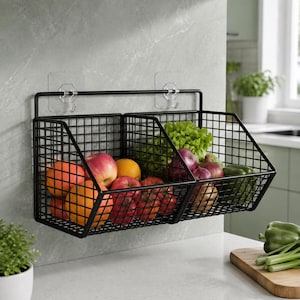 May include: A black metal wire wall-mounted storage basket with two open-front compartments. The basket is attached to a wall with two clear adhesive hooks and is filled with various fresh produce including apples, oranges, onions, and lettuce.