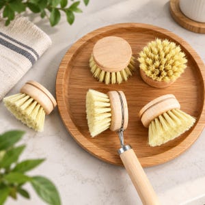 May include: A set of four round dish brushes with light-colored wooden handles and stiff, pale yellow bristles. Three brushes are circular, while one features a long, detachable wooden handle with a metal attachment mechanism for the brush head.