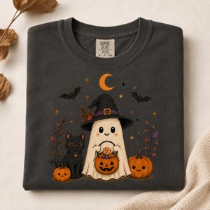 Camiseta de Halloween con gato negro fantasma, camiseta de bruja y calabaza para la temporada de Halloween