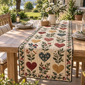 Puede incluir: Un camino de mesa acolchado rectangular con un patrón repetitivo de corazones y ramas florales en tonos rojo, amarillo, azul y verde sobre un fondo blanco roto. El camino tiene un borde verde oscuro con un pequeño motivo de bayas rojas.