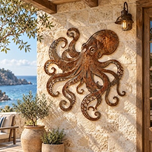 May include: A large, flat, rust-colored metal wall sculpture shaped like an octopus with eight curled tentacles and a prominent head. The surface has a weathered, textured appearance with dark brown and orange tones, mounted on a stone wall.