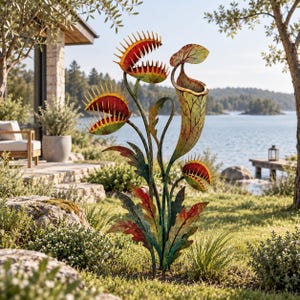 May include: A metal garden sculpture featuring three open Venus flytrap heads and one tall pitcher plant. The sculpture has a weathered finish with shades of red, green, and yellow, with spiky teeth on the flytraps and veined textures.