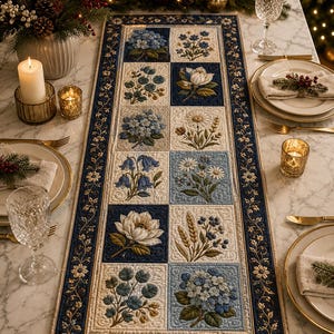 May include: A rectangular quilted table runner featuring a grid of alternating navy blue and cream squares, each embroidered with detailed botanical illustrations of blue and white flowers, surrounded by a dark blue floral border trim.