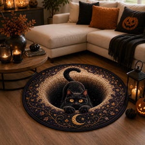 May include: A round area rug featuring a 3D optical illusion of a deep hole in the center. A black cat with bright orange eyes is positioned in the middle of the hole. The rug has a dark border with gold leaf patterns and a crescent moon.