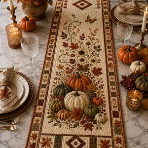 Quiltad pumpa Thanksgiving-bordslöpare, höst- och skördedekor, rustik lantlig matbordsdekoration
