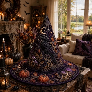 May include: A dark purple pointed hat featuring intricate embroidery of a black raven, crescent moon, orange pumpkins, and purple mushrooms. The design includes golden leaf patterns and spiderweb details across the fabric surface.
