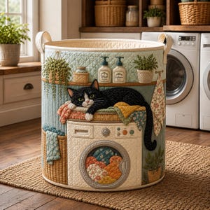 May include: A cylindrical quilted laundry hamper featuring a light blue background with a detailed appliqué design of a black and white cat resting on a washing machine. The scene includes laundry bottles, hanging plants, and a towel, all rendered in fabric.