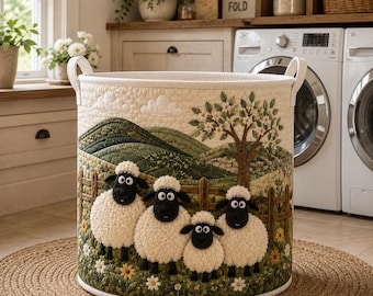 Rustic Sheep Laundry Basket, Quilted Farmhouse Storage Hamper, Country Cottage Clothes Organizer