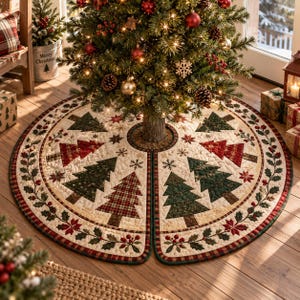 Quiltad julgranskjol, lapptäcke rödgrön juldekoration, rustikt bondgårdsgransunderlägg