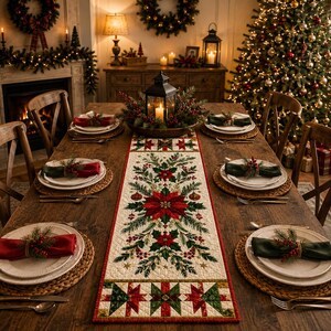 May include: A rectangular quilted table runner featuring a central poinsettia and evergreen branch pattern with red berries and star accents, bordered by a red trim and geometric star blocks at each end, displayed on a wooden dining table.