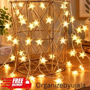 May include: A string of warm white LED lights featuring small star-shaped covers draped over a gold-toned geometric wire basket. The lights emit a soft glow, highlighting the star silhouettes and the thin, clear wiring connecting each individual light.