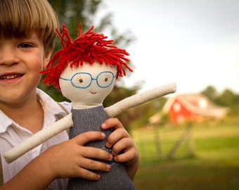 Red Haired Boy Rag Doll with Glasses, Waldorf Cloth Doll, Hot Rod, Graham