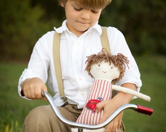 Handmade Boy Rag Doll with Freckles, Waldorf Cloth Boy Doll with Red Ticking Stripe, William