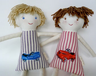 Custom Boy Brother Dolls, Set of 2 Boy Rag Dolls, Handmade Cloth Doll, Vintage Ticking Stripe, William and Hudson