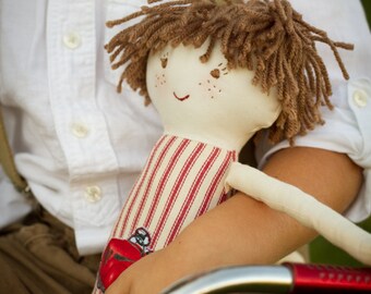 Handmade Boy Rag Doll with Freckles, Waldorf Cloth Boy Doll with Red Ticking Stripe, William