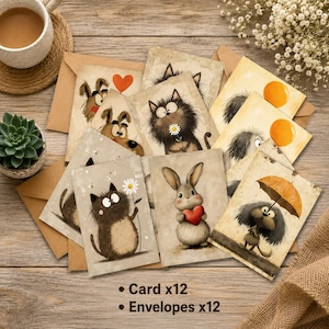 Könnte beinhalten: Ein Set aus zwölf Grußkarten und zwölf Umschlägen mit Illustrationen von flauschigen Katzen, Hunden und einem Kaninchen. Die Karten zeigen Figuren, die Herzen, Gänseblümchen oder Regenschirme halten, auf neutralem Grund. Text: Card x12, Envelopes x12.