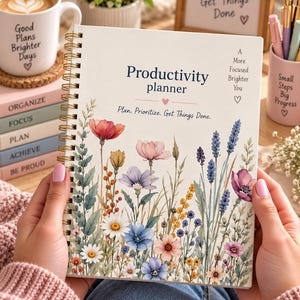 May include: A spiral-bound Productivity planner with a white cover featuring a colourful watercolour floral illustration. The text reads Productivity planner, A More Focused Brighter You, and Plan. Prioritize. Get Things Done. with a small pink heart icon.