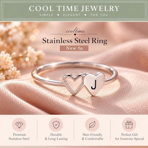 Initial Heart Ring in Stainless Steel, Double Design with A–Z Letter