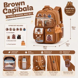 Op de afbeelding: Een bruine 10-delige schooltassenset met een rugzak met capybara-afbeeldingen, zes badges, drie decoratieve kaarten en een pluche sleutelhanger. De rugzak is 38 cm hoog, 28 cm breed en 18 cm diep en heeft verstelbare schouderbanden.